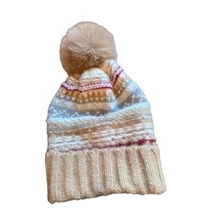 Steve Madden Tan Brown Stripe Cuffed Pom Beanie Women's One Size